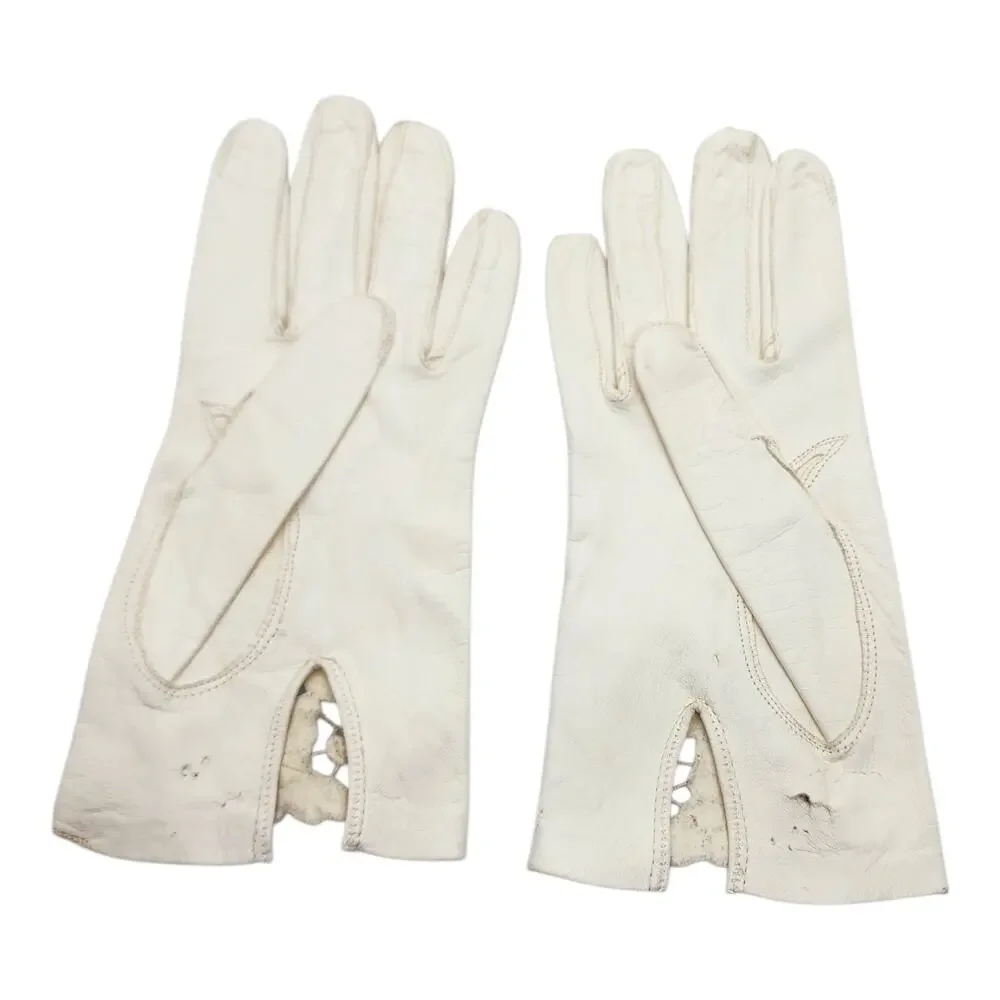 Vintage White Leather Gloves Womens Floral Lace Cutout Insert Wrist